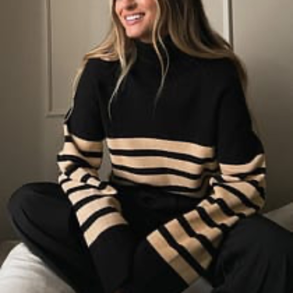 Striped Black and Tan Women's Crew Neck Sweater